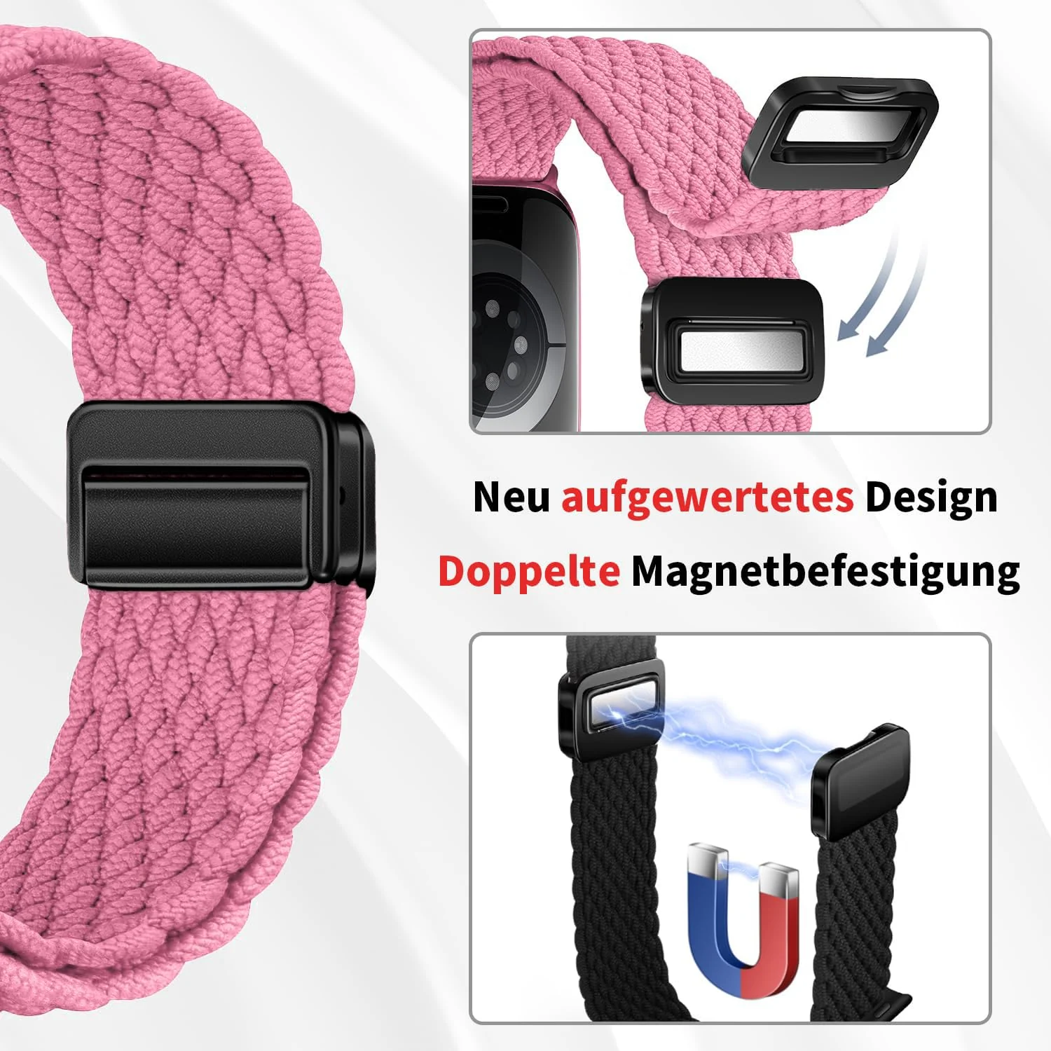DL3 Mobilak 20mm Magnetic Band for Samsung Galaxy Watch 7/6/5/4/FE Band 40mm 44mm/Galaxy Watch 6/4 Classic Bands 47mm 43mm 46mm 42mm/Watch 5 pro 45mm/3 41mm/Active 2, Stretchy Braided Nylon Magnetic Sport Strap - Pink