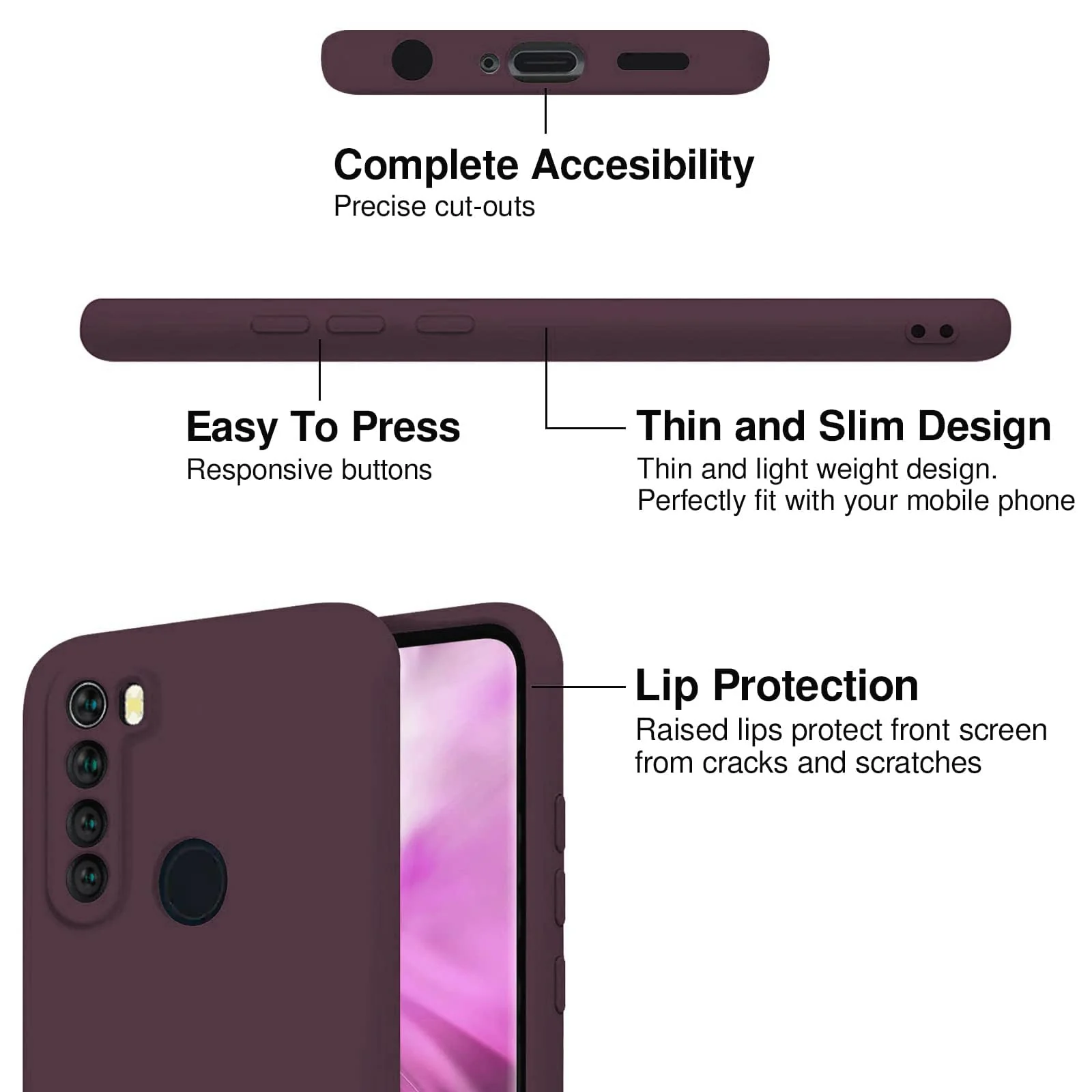 DL3 Mobilak Silicone Protective Case for Xiaomi Redmi Note 8, Shock-absorbing protection, Scratch-resistant surface, Soft microfiber lining - Wine Red