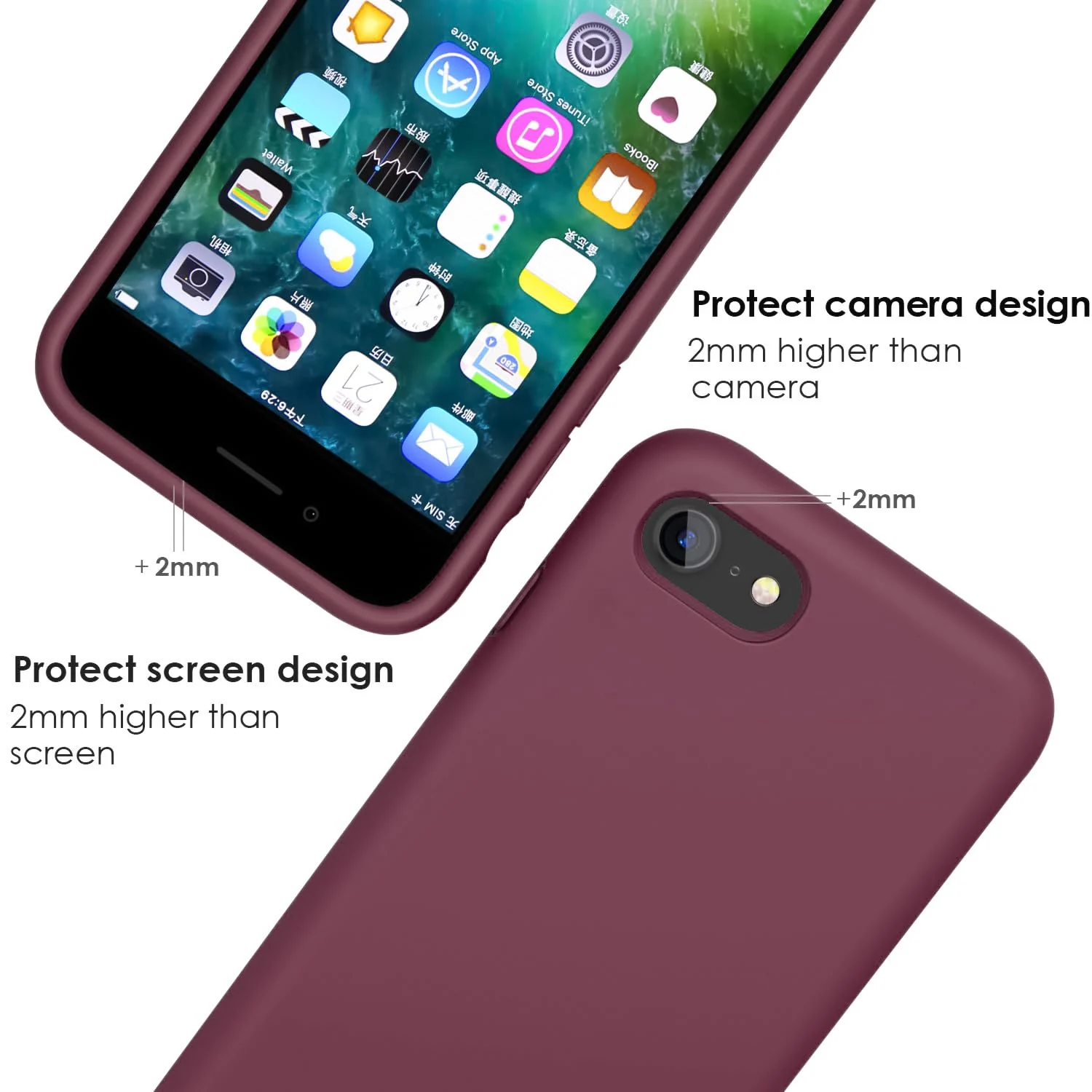 DL3 Mobilak Liquid Silicone Protective Case for iPhone SE 2022, SE 2020, iPhone 7, iPhone 8 with Camera Protection and Microfiber Lining - Dark Red