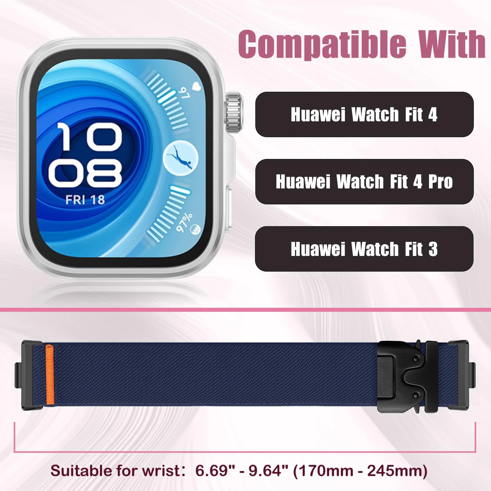 DL3 Mobilak Nylon Strap for Huawei Watch Fit 4/Fit 4 Pro/Fit 3, Men's and Women's, Stretchy Parachute buckle Strap, Sport Elastic Braided Replacement Band for Huawei Watch Fit 3/4/4 Pro - Blue