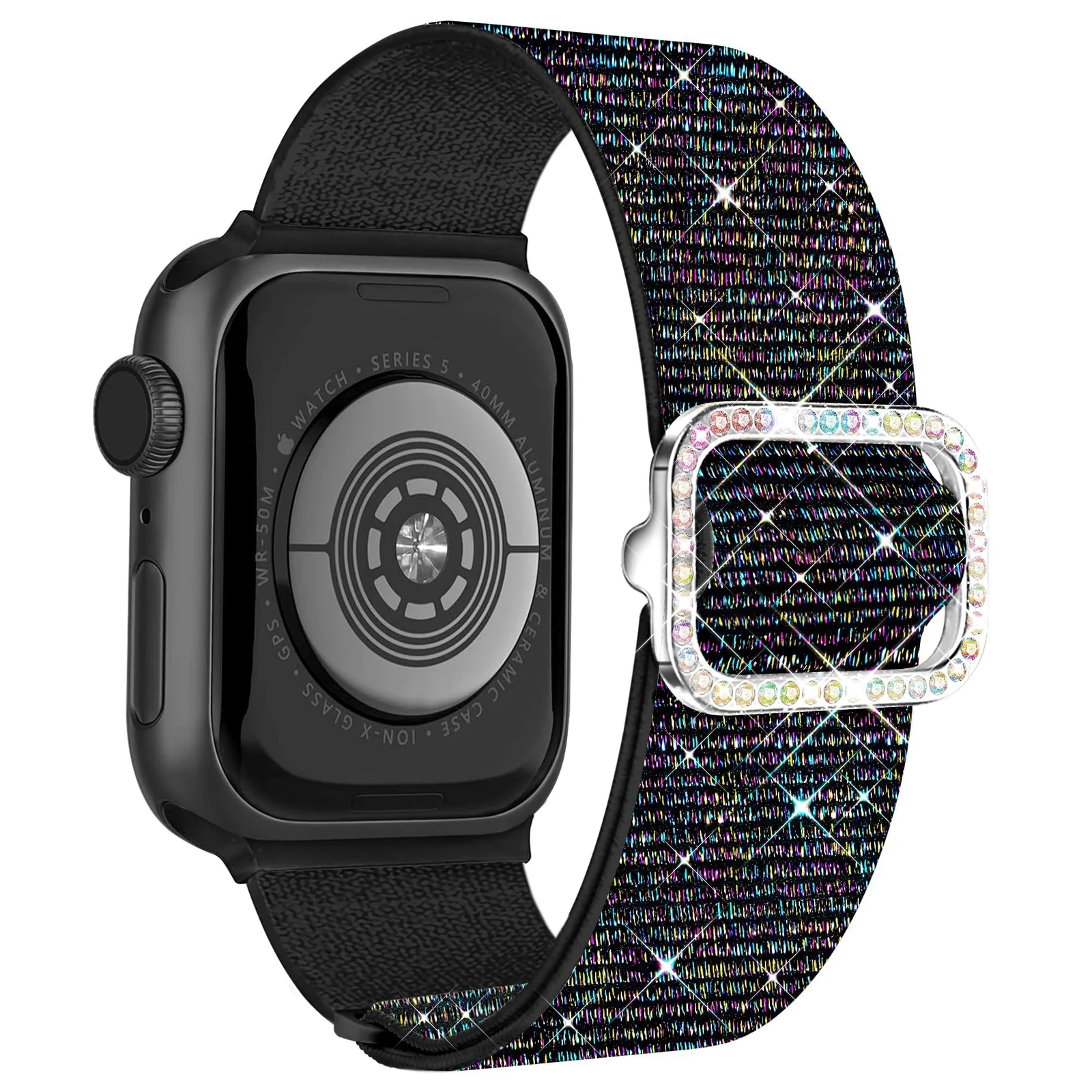 DL3 Mobilak Stretchy Bling Band For Apple Watch 49mm 46mm 45mm 44mm 42mm Women, Nylon Sparkly Strap Solo Loop Glitter Wristband for iWatch Series 11 10 9 8 7 6 5 4 SE3 SE2 SE Ultra 3 2 1 - Pride Black
