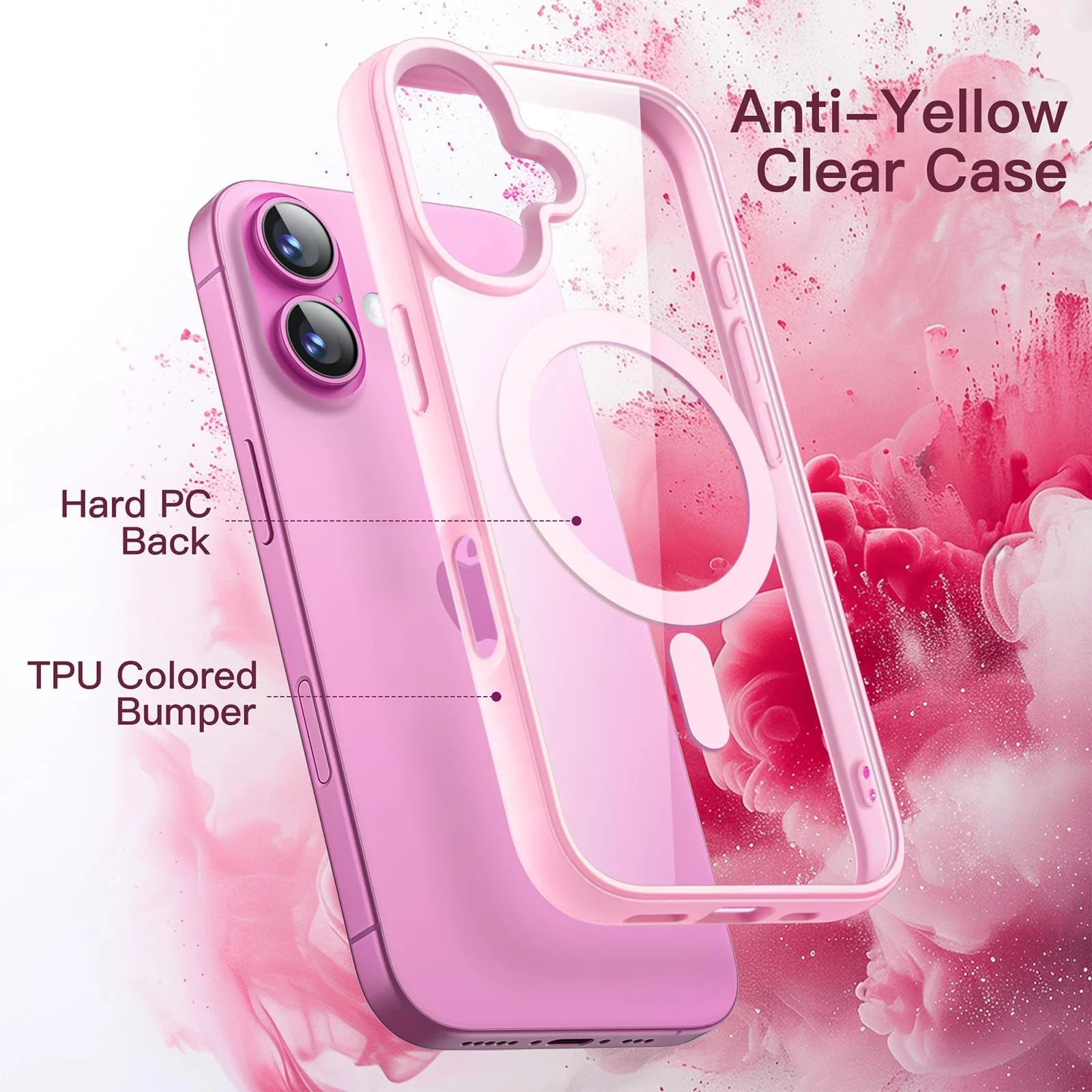 DL3 Mobilak Clear MagSafe-Compatible Magnetic Case for iPhone 16 Plus with Military-Grade Protection - Pink