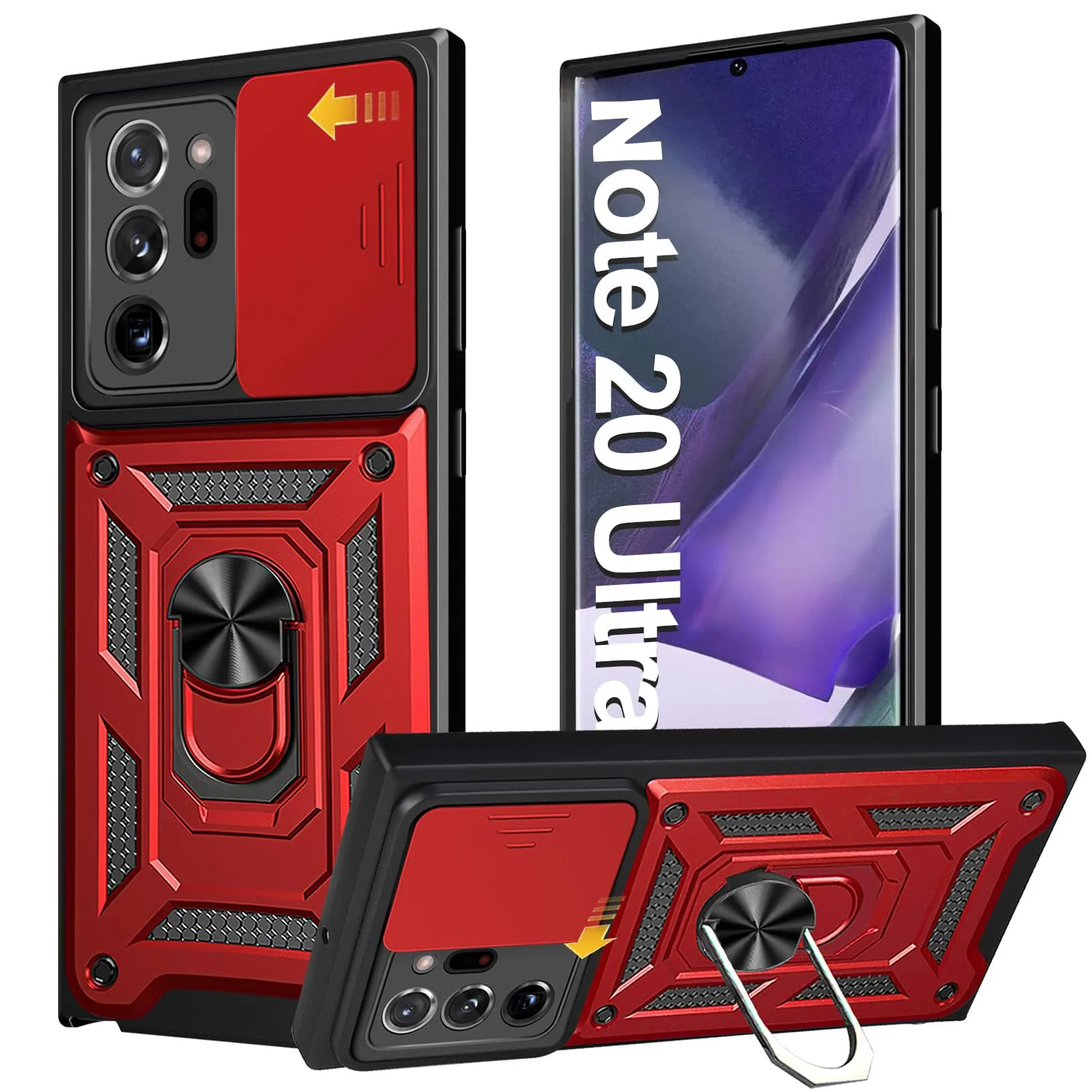 "DL3 Mobilak Military-Grade Protective Case with Sliding Camera Cover, Metal Ring Kickstand and Magnetic Car-Mount Support for Samsung Galaxy Note 20 Ultra (6.9"") - Red"