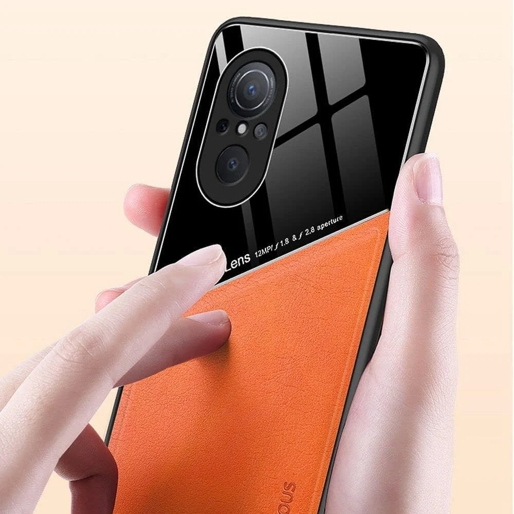 DL3 Mobilak Luxury Case For Samsung Galaxy A15, Ultra-Thin Soft TPU Frame, Back Leather Mixed Double+Plexiglass Protective Cover With Built-in Car Magnetic - Orange