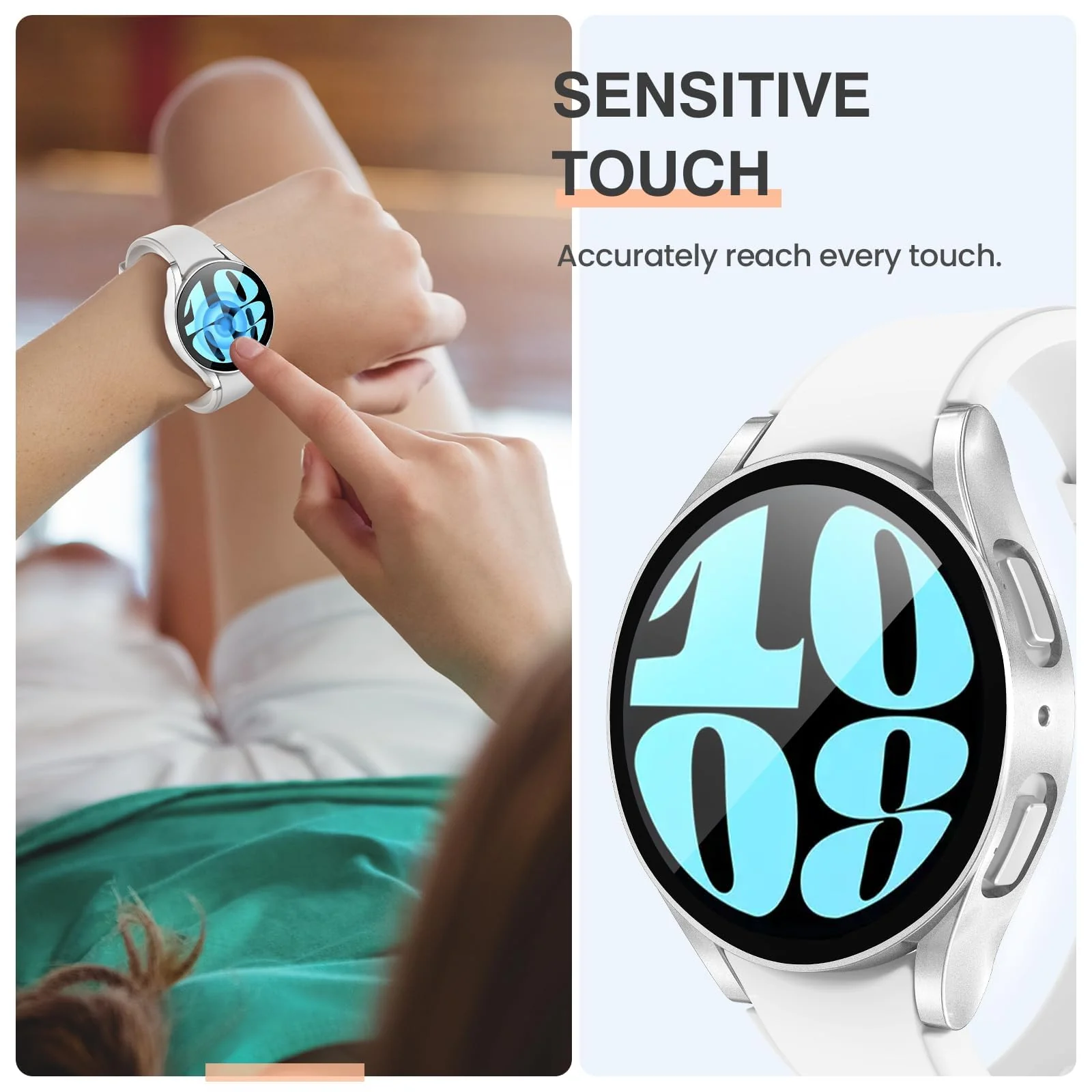 DL3 Mobilak Case with Screen Protector for Samsung Galaxy Watch 6 44mm, Overall Protective Cover, Built-in Tempered Glass Film High Sensitivity - Silver