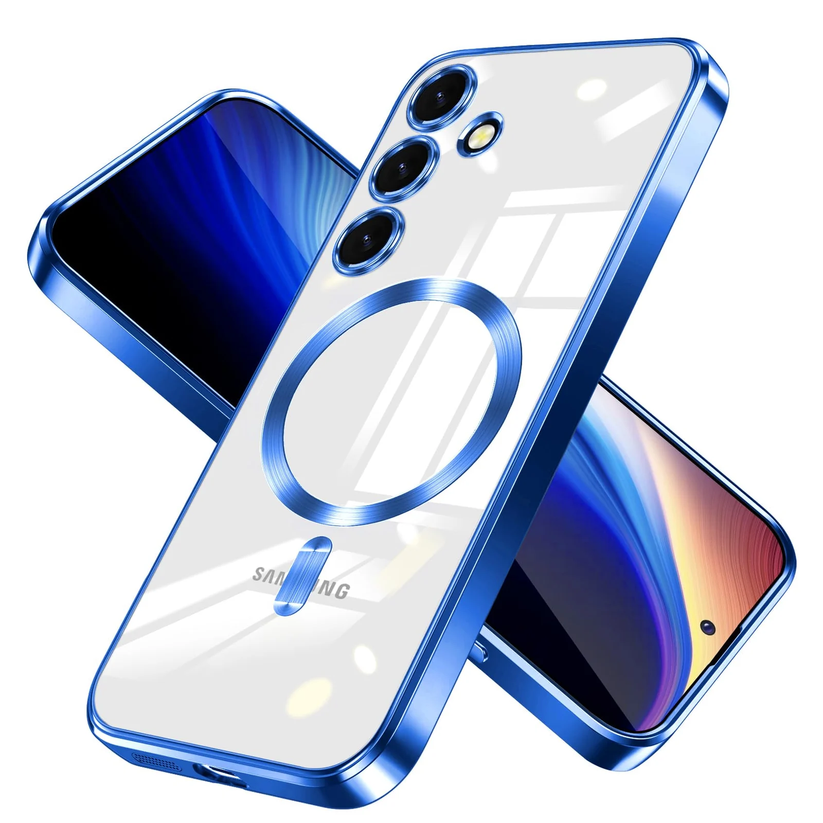DL3 Mobilak For Samsung Galaxy A24 Magnetic Case, Compatible with MagSafe, Built-in Camera Lens Protector, Luxury Plating Soft TPU Clear Shockproof Slim Thin Cover - Blue