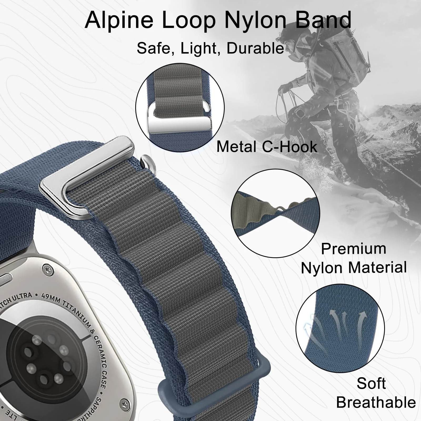 DL3 Mobilak Trail/Alpine Loop Nylon Band Compatible with Apple Watch Ultra 2/Ultra Band 49mm 45mm 44mm 42mm, Adjustable with Metal C-Hook Strap for iWatch Ultra Series 9/8/7/6/5/4/3/2/1/SE2/SE - A.Blue Gray
