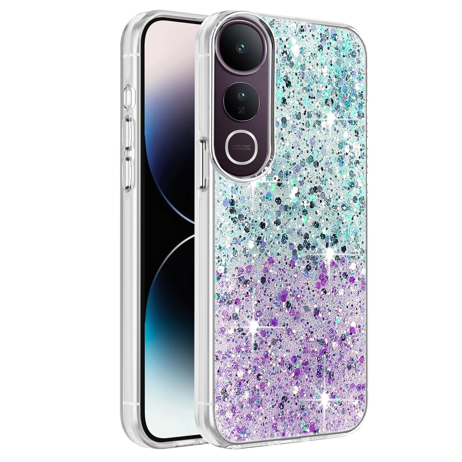 Dl3 Mobilak Compatible with Vivo V50 Lite 4G / 5G Case, Clear Glitter Bling Sparkly, Soft TPU Frame Bumper, Hard-Back Cover for Women & Girls, Transparent Protective Phone Case (Pink Green)