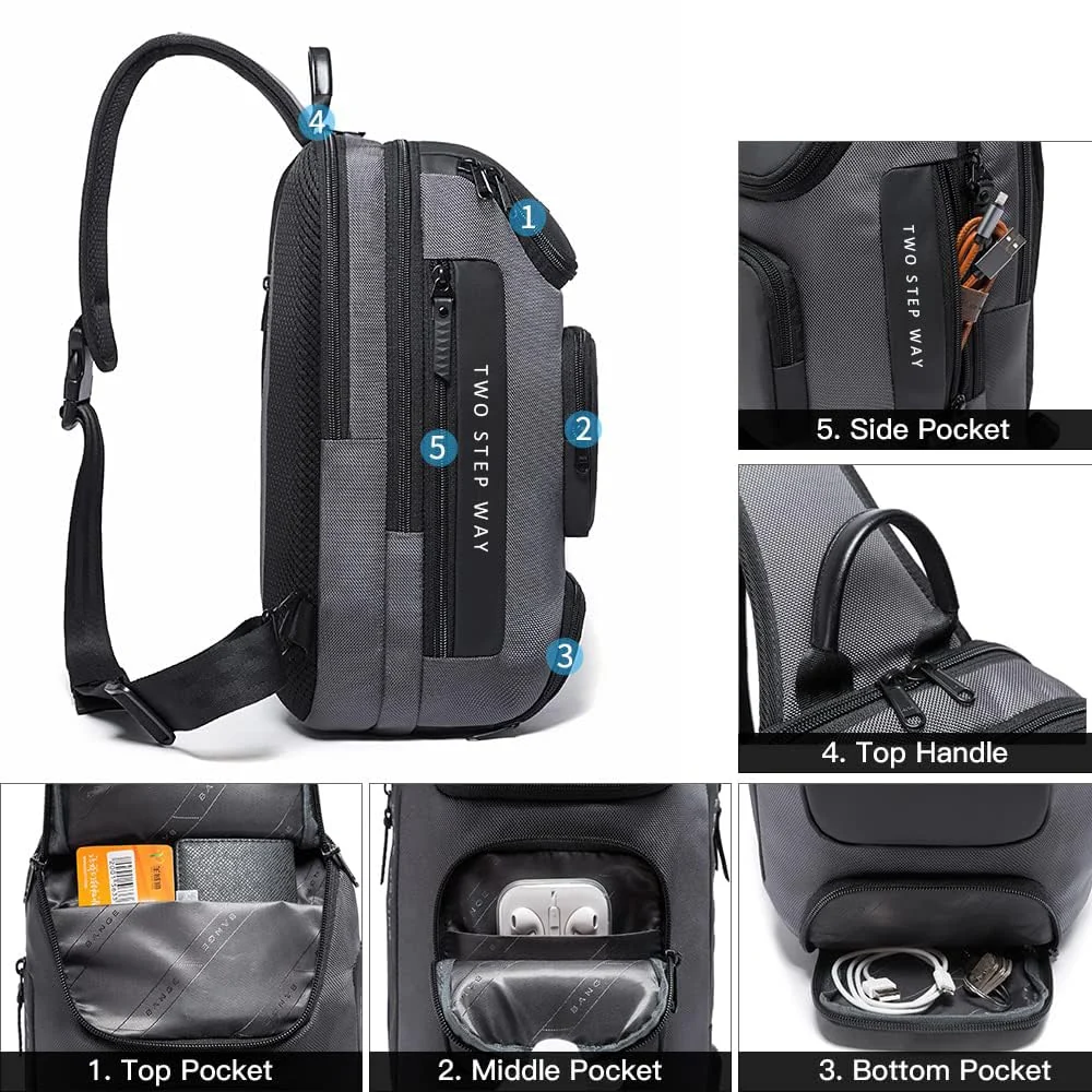Mobigon Laptop Sling Backpack Anti Theft Bag, Hiking Daypack 13 Inch Fits iPad - Tablet 7 to 9.7 Inch Nylon Travel Bags for Men, Single Shoulder Camping Dayback with USB Charging Port - Gray