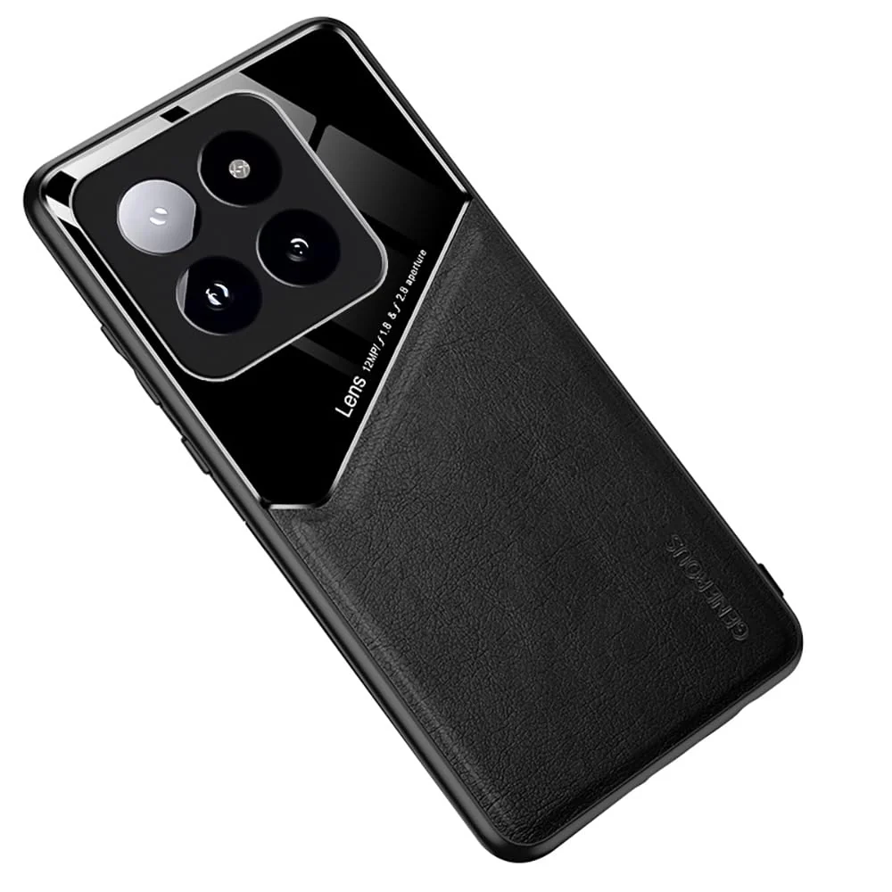 DL3 Mobilak Luxury Case For Xiaomi 14 Pro, Ultra-Thin Soft TPU Frame, Back Leather Mixed Double+Plexiglass Protective Cover With Built-in Car Magnetic - Black