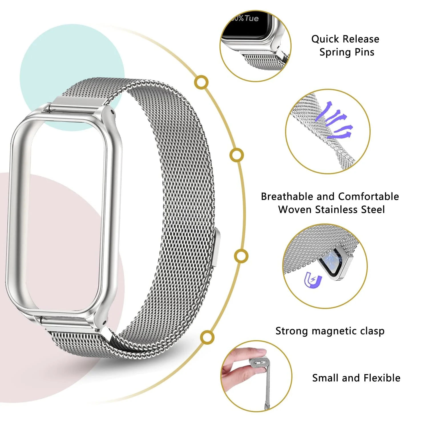 DL3 Mobilak Bracelet Compatible with Xiaomi Redmi Band 2/Smart Band 8 Active, Stainless Metal Magnetic Replacement Strap - Silver