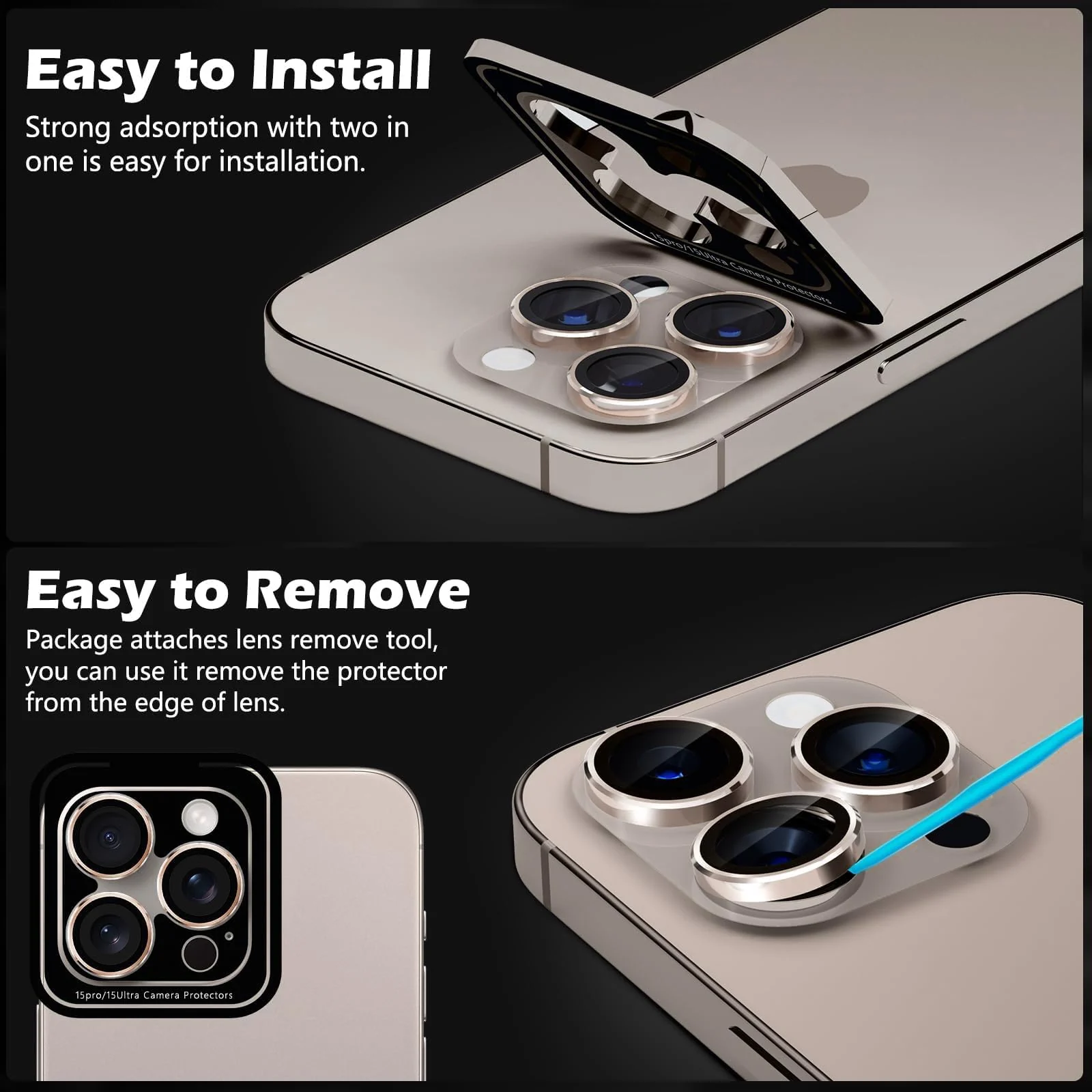 DL3 Mobilak Camera Lens Protector For iPhone 15 Pro/iPhone 15 Pro Max, [Keep Original Shooting] Tempered Glass Screen Protector Metal Individual Camera Cover, Case Friendly - Rose Gold
