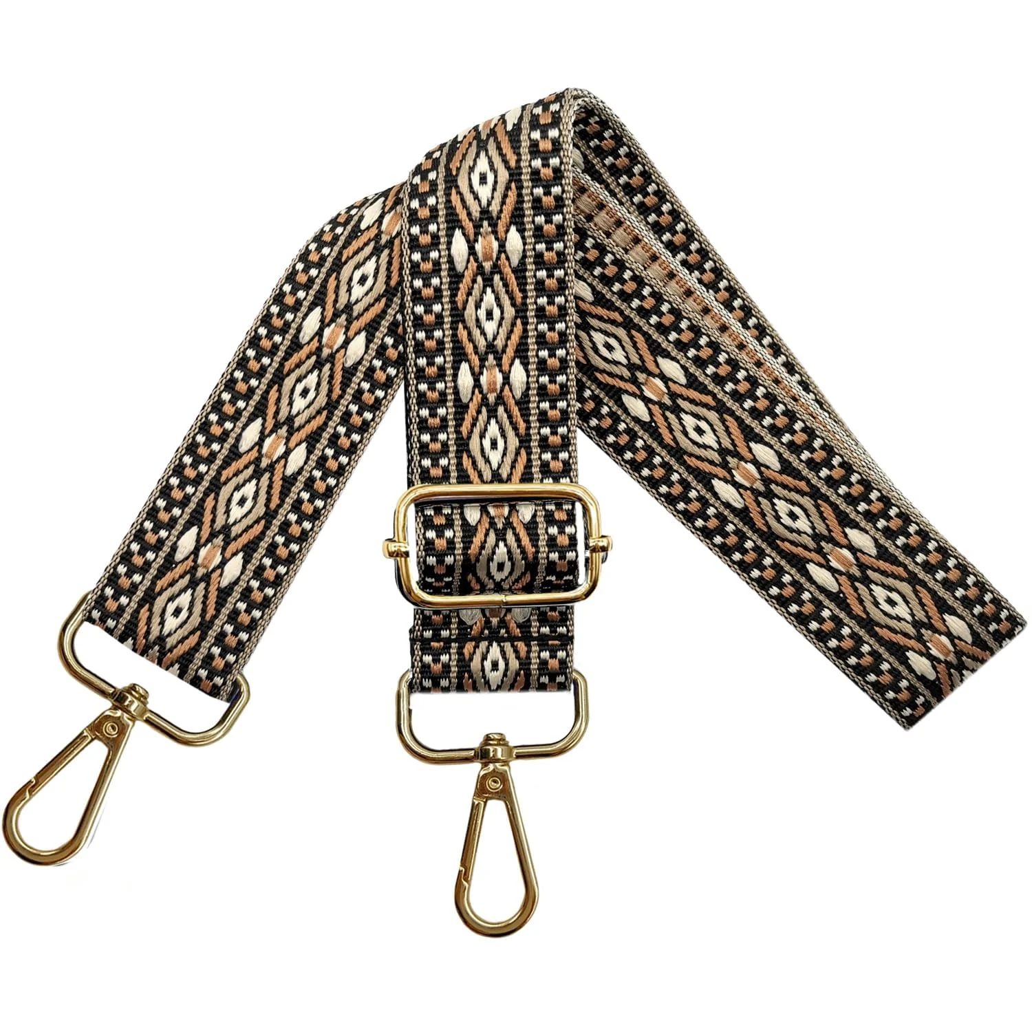 DL3 Mobilak Adjustable Wide Crossbody Bag Strap for Women, Replacement Shoulder Strap for Handbags, Totes & Purses with Elegant Embroidered Pattern and Metal Hooks - Black/Brown