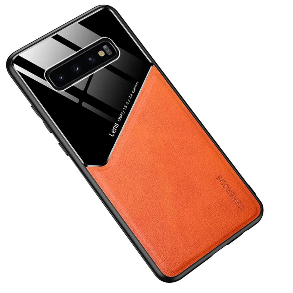 DL3 Mobilak Faux Leather and Plexiglass Protective Case with TPU Frame and Magnetic Car-Mount Support for Samsung Galaxy S10 Plus S10+ - Orange