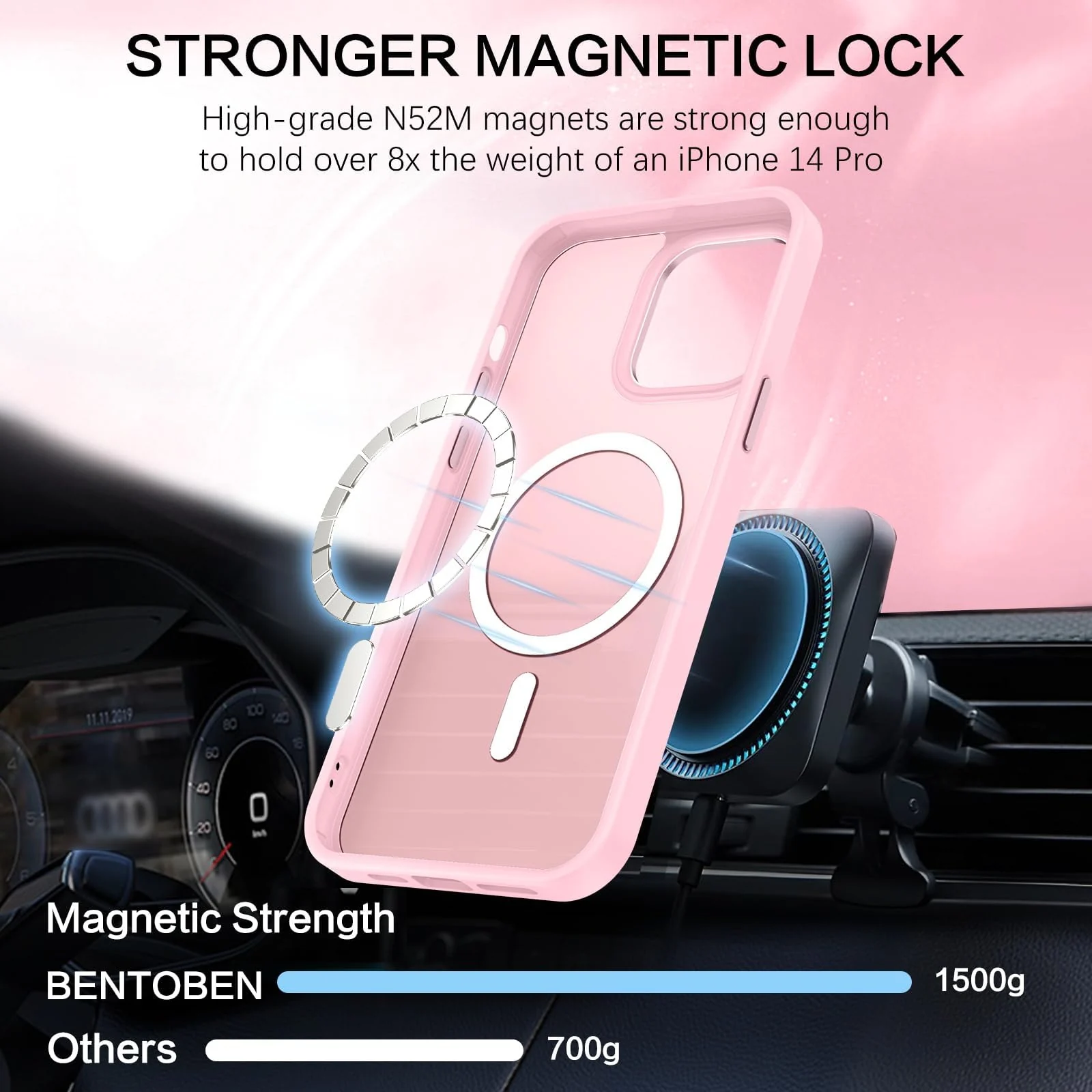 DL3 Mobilak Translucent Matte Case for iPhone 14 Pro Max 6.7-inch, Compatible with MagSafe accessories, Supports wireless charging, Built-in magnetic car-mount support - Pink