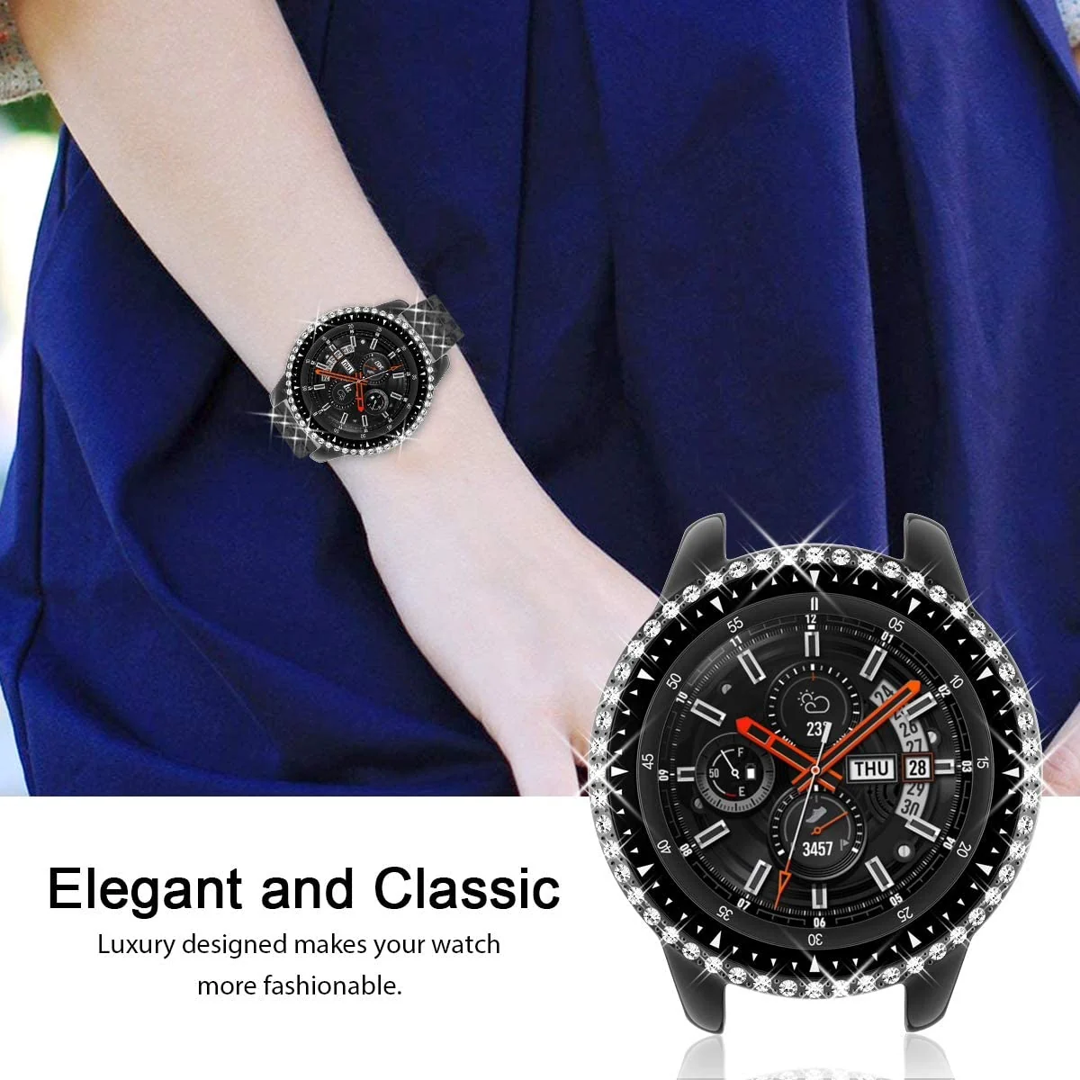 DL3 Mobilak Bumper Diamond Case Compatible with Samsung Galaxy Watch 46mm, Gear S3 Frontier Case (NOT fit for -R770), Bling Crystal Diamonds PC Plastic Protector Case Cover Frame - Black