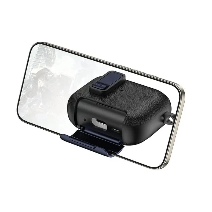 Mobigon for AirPods Pro 2nd / 1st Leather Case with Secure Lock Clip, Support Wireless Charge, Stand and Charging Port Dustproof Design with Carabiner for AirPods Pro 2 (Black/Blue)