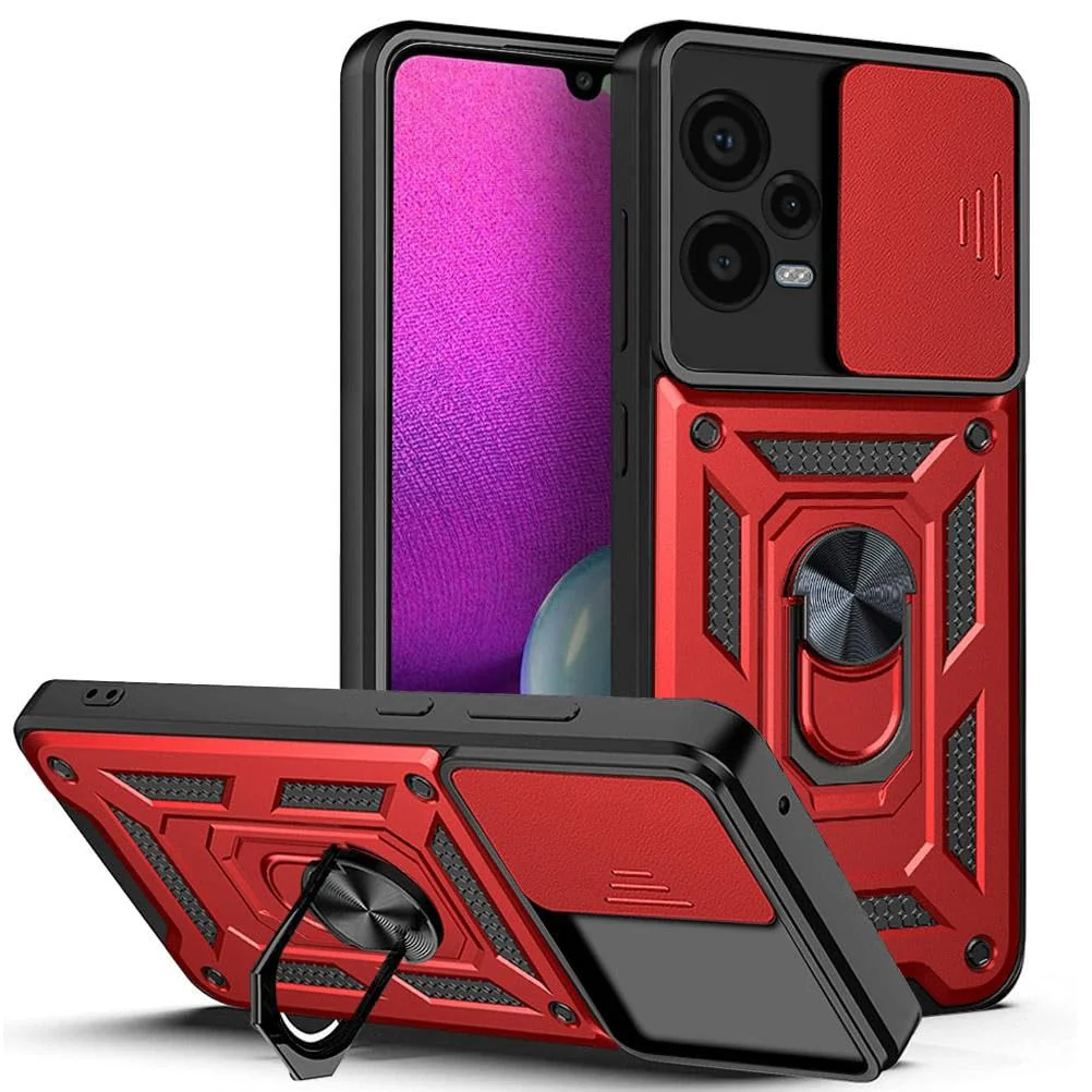 DL3 Mobilak Military-Grade Protective Case with Sliding Camera Cover, Metal Ring Kickstand and Magnetic Car-Mount Support for Xiaomi Redmi Note 12 PRO+ Plus 5G - Red