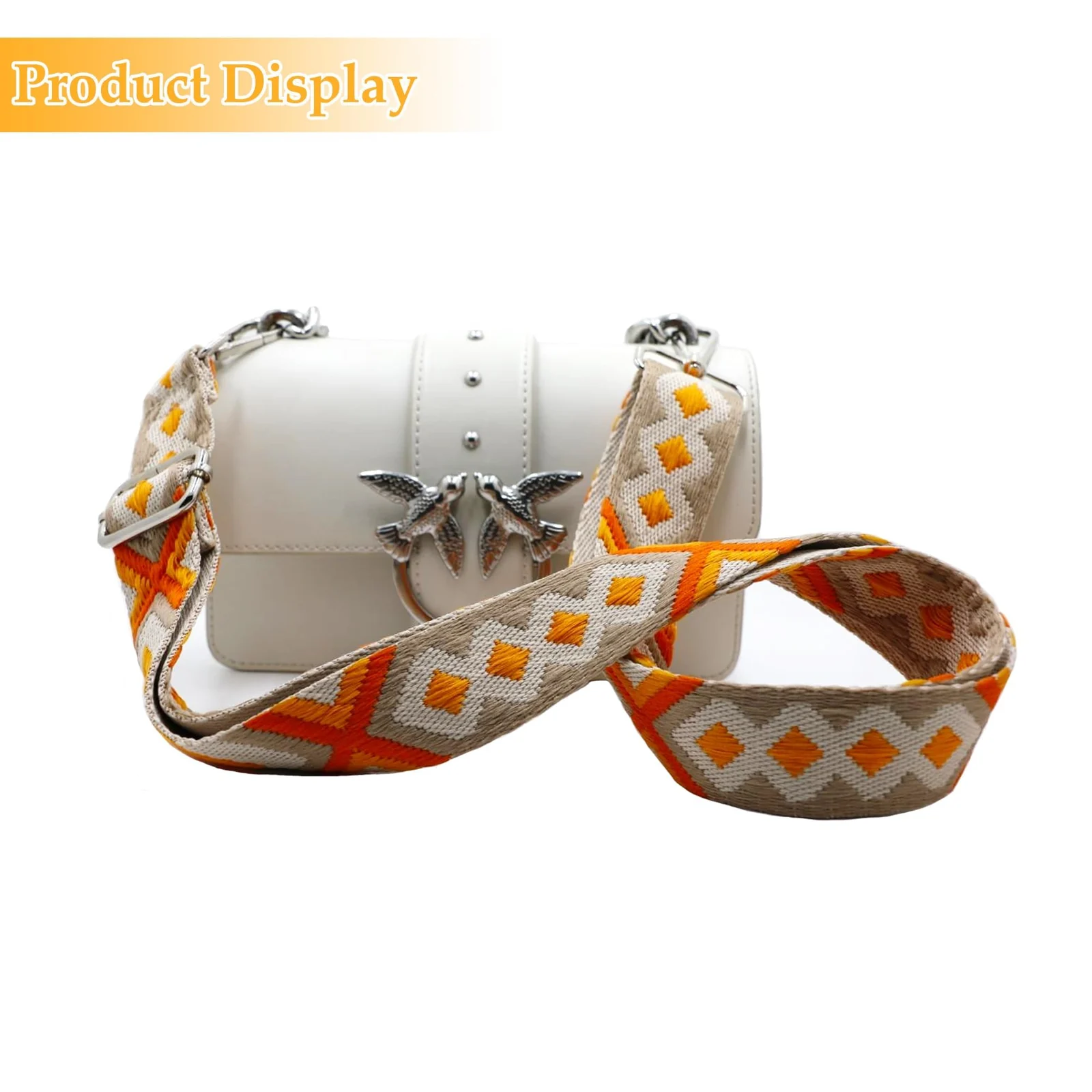 DL3 Mobilak Adjustable Wide Crossbody Bag Strap for Women, Replacement Shoulder Strap for Handbags, Totes & Purses with Elegant Embroidered Pattern and Metal Hooks - Orange Diamond