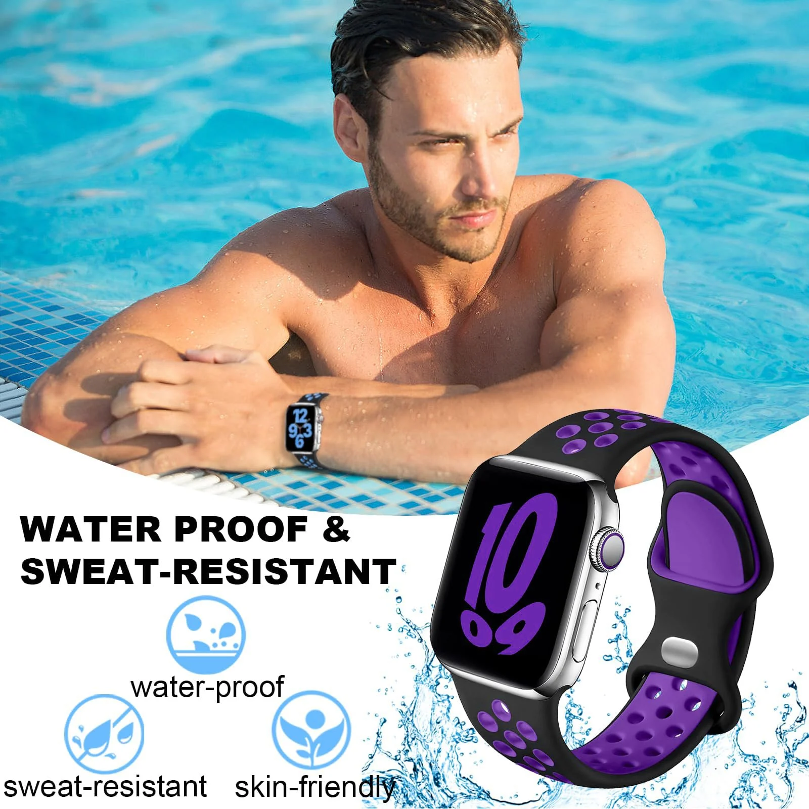 DL3 Mobilak Sport Strap For Apple Watch 49mm 45mm 44mm 42mm 41mm 40mm 38mm, Breathable Silicone Double Hole Band, for iWatch Ultra 2 Series 9 8 7 6 5 4 3 SE ( & Violet, 38mm/40mm/41mm) - Black & Violet