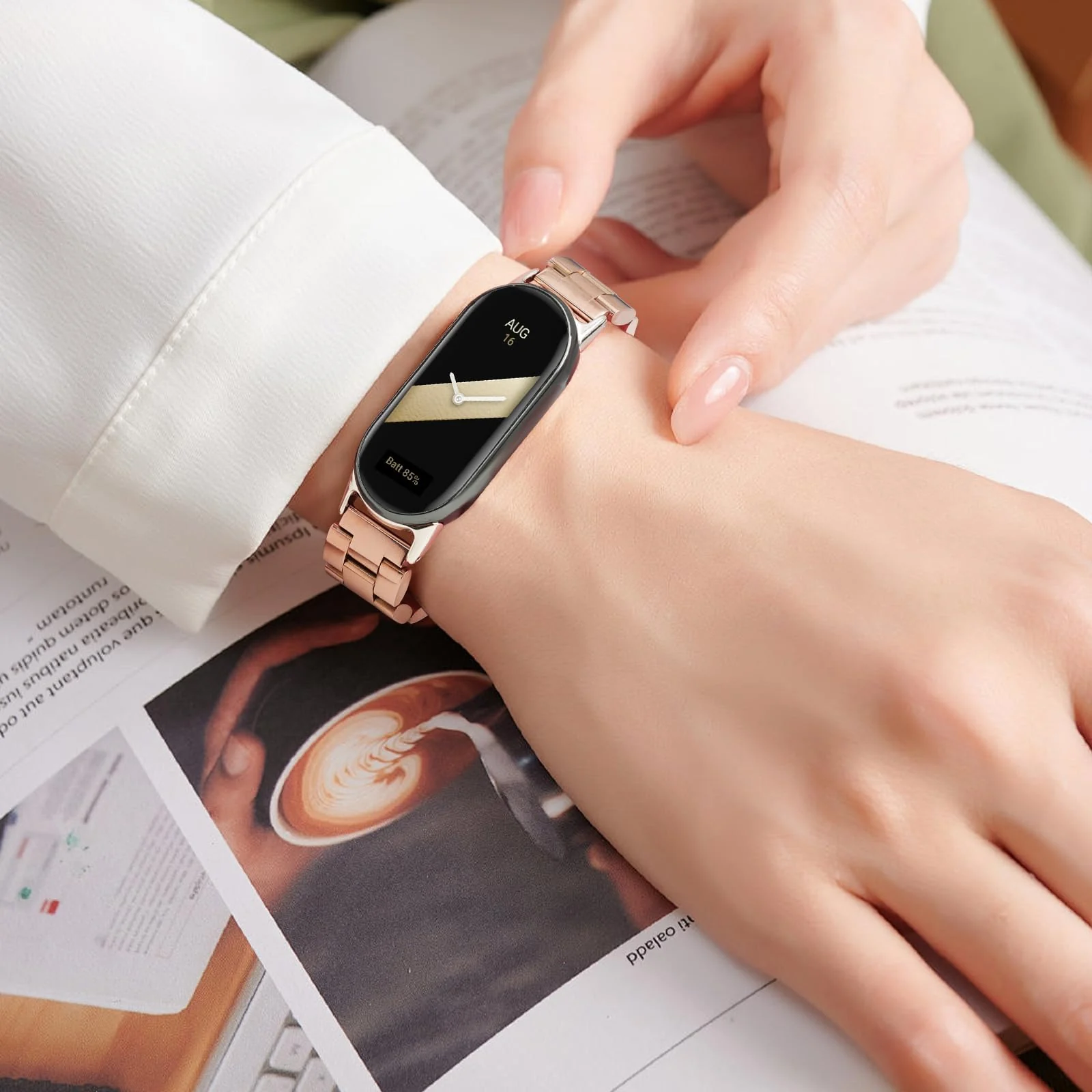 MOBIGON Stainless Steel Bracelet Strap with Double-Folding Clasp for Xiaomi Smart Band 8 / 9 / 10, Rose Gold