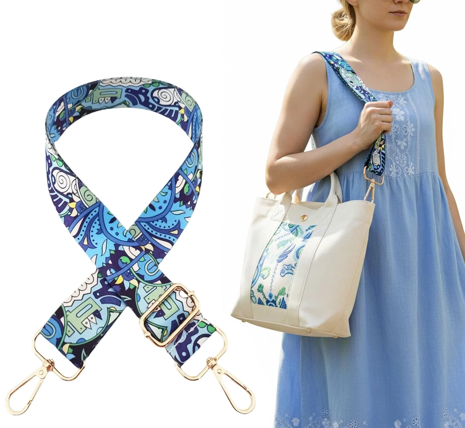 DL3 Mobilak Adjustable Wide Crossbody Bag Strap for Women, Replacement Shoulder Strap for Handbags, Totes & Purses with Elegant Embroidered Pattern and Metal Hooks - Blue Green