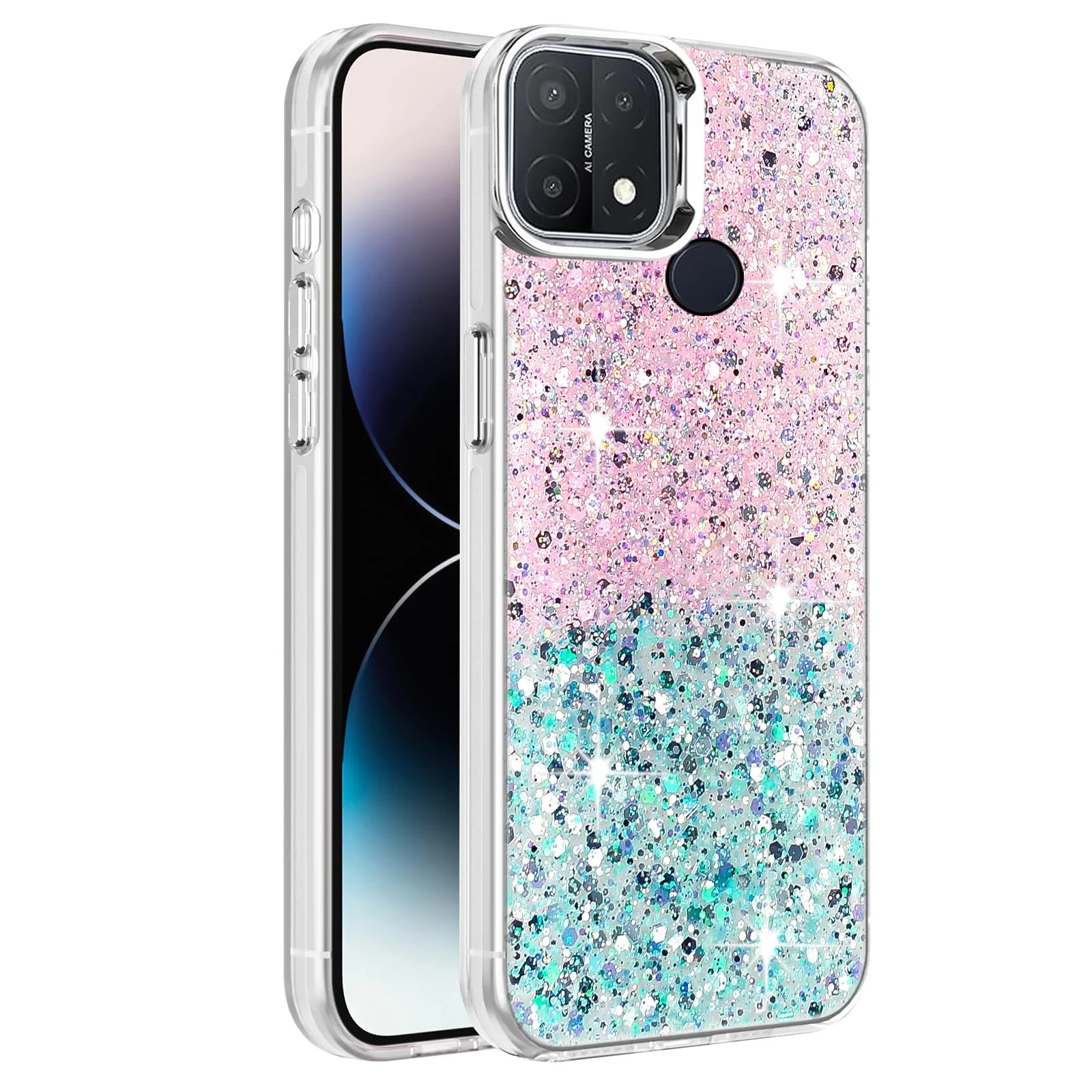 DL3 Mobilak Glitter Rhinestone Protective Case for OPPO A15 / OPPO A15S with Shockproof Design - Pink Green