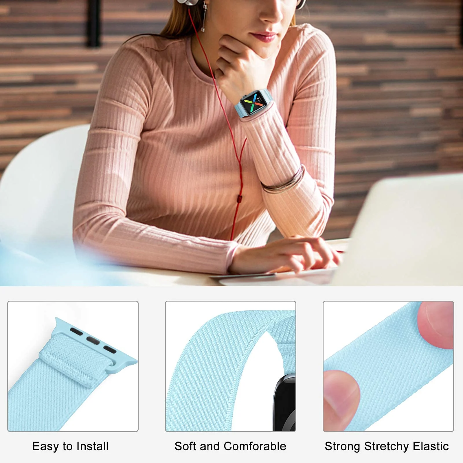 DL3 Mobilak Nylon Solo Loop Stretchy Straps For Apple Watch Band 49mm 45mm 44mm 42mm 41mm 40mm 38mm, Elastic Wristbands for Series 8 Ultra 7 6 5 4 3 2 1 Se (42MM/44MM/45MM/49MM) - Sky Blue