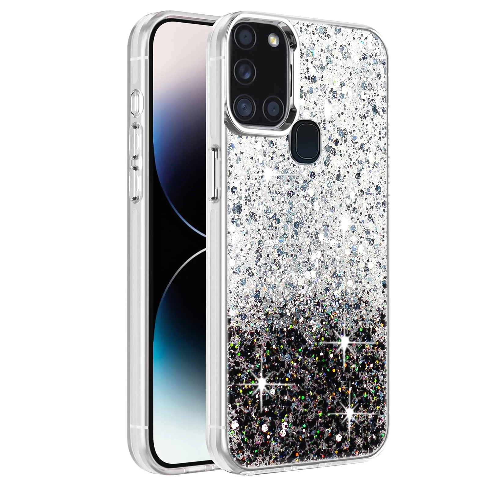 DL3 Mobilak Glitter Rhinestone Protective Case for Samsung Galaxy A21s with Shockproof Design - White Black