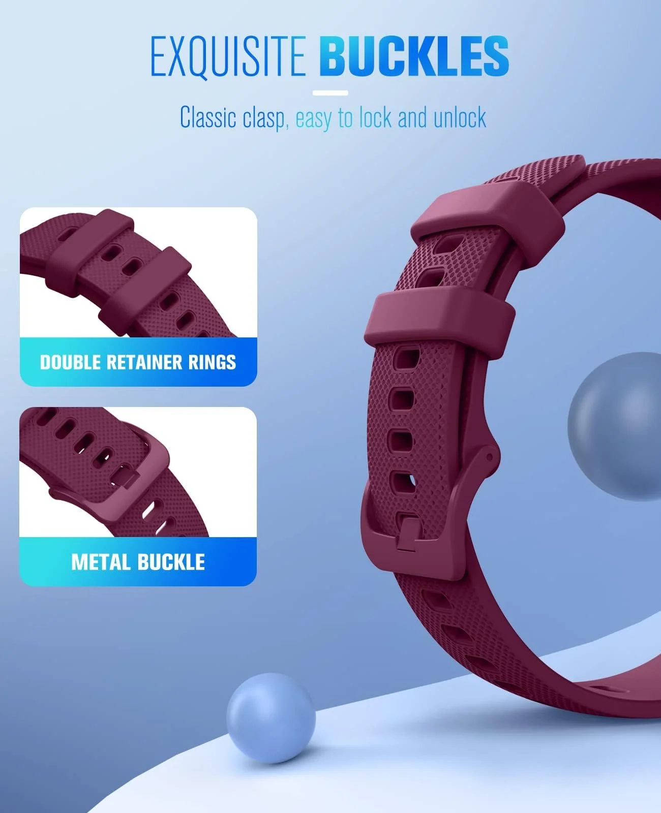 DL3 Mobilak Strap Silicone Buckle 20MM Band For Samsung Gear Sport/Watch 7/6/5/4/5 Pro 45mm/S2 classic/active 2 40mm 44mm/Amazfit GTS 2/2e/GTS 3/3 Pro/GTS 4/GTS 2 Mini/3 Mini/4 Mini/Bip 3/Bip 3 Pro - Wine Red