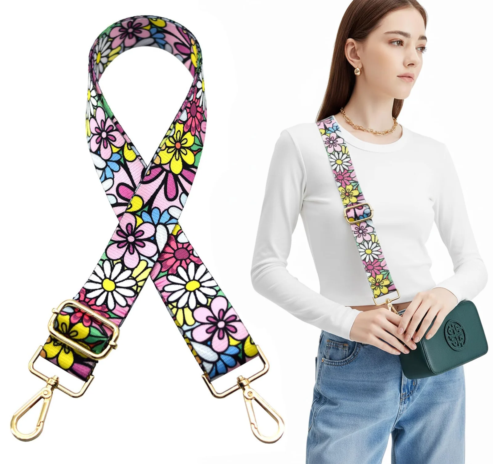 DL3 Mobilak Adjustable Wide Crossbody Bag Strap for Women, Replacement Shoulder Strap for Handbags, Totes & Purses with Elegant Embroidered Pattern and Metal Hooks - Daisy