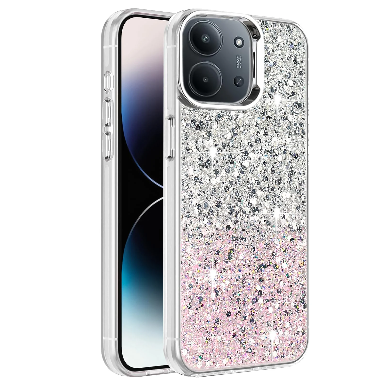 Dl3 Mobilak Compatible with Xiaomi Redmi 15C 4G/5G Case, Clear Glitter Bling Sparkly, Soft TPU Frame Bumper, Hard-Back Cover for Women & Girls, Transparent Protective Phone Case (Green Purple)