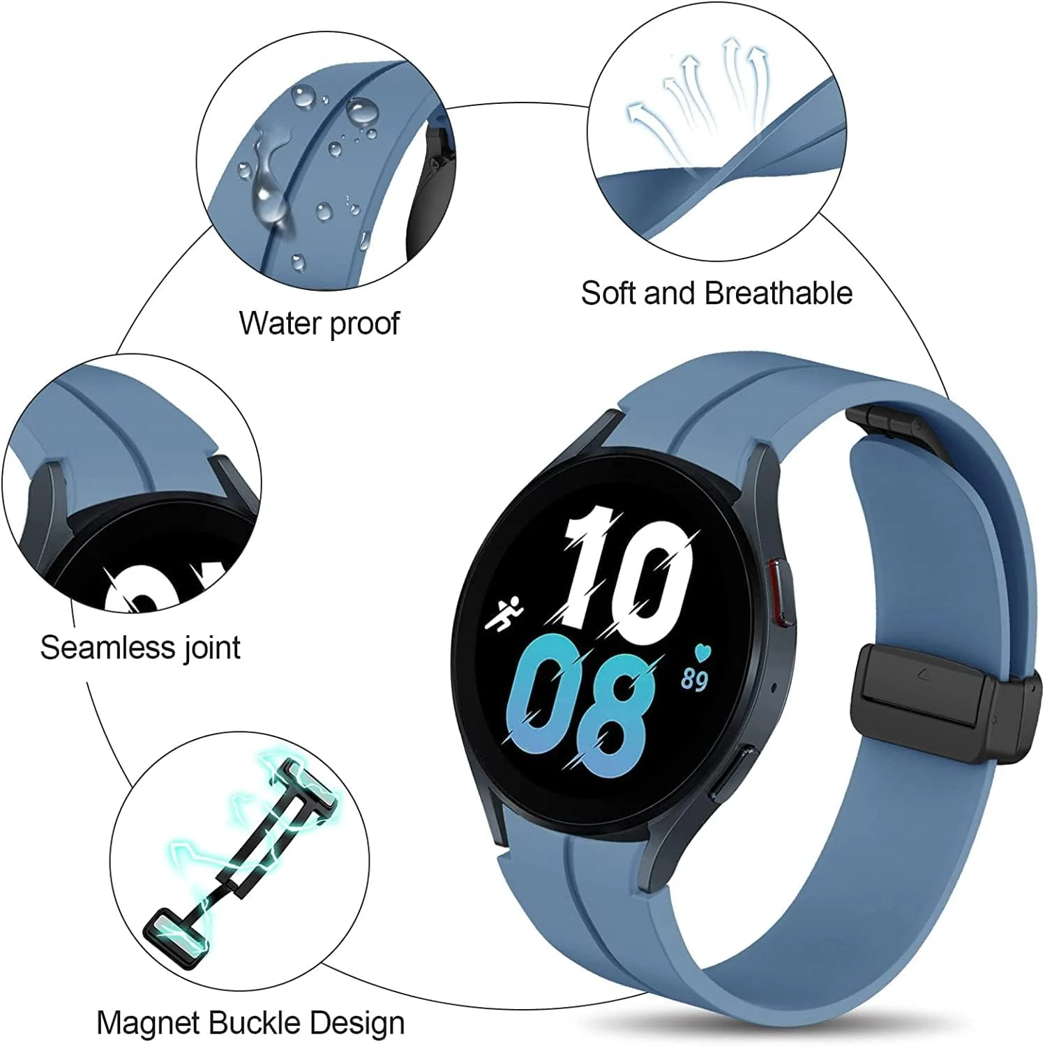 DL3 MOBILAK Magnetic for Samsung Galaxy Watch 6/5/4 Band 40mm 44mm/Galaxy Watch 6 Classic Bands 47mm 43mm/watch 4 Classic 46mm 42mm,Silicone Strap for Samsung Watch 5 Pro 45mm,No Gap Buckle - Official Blue