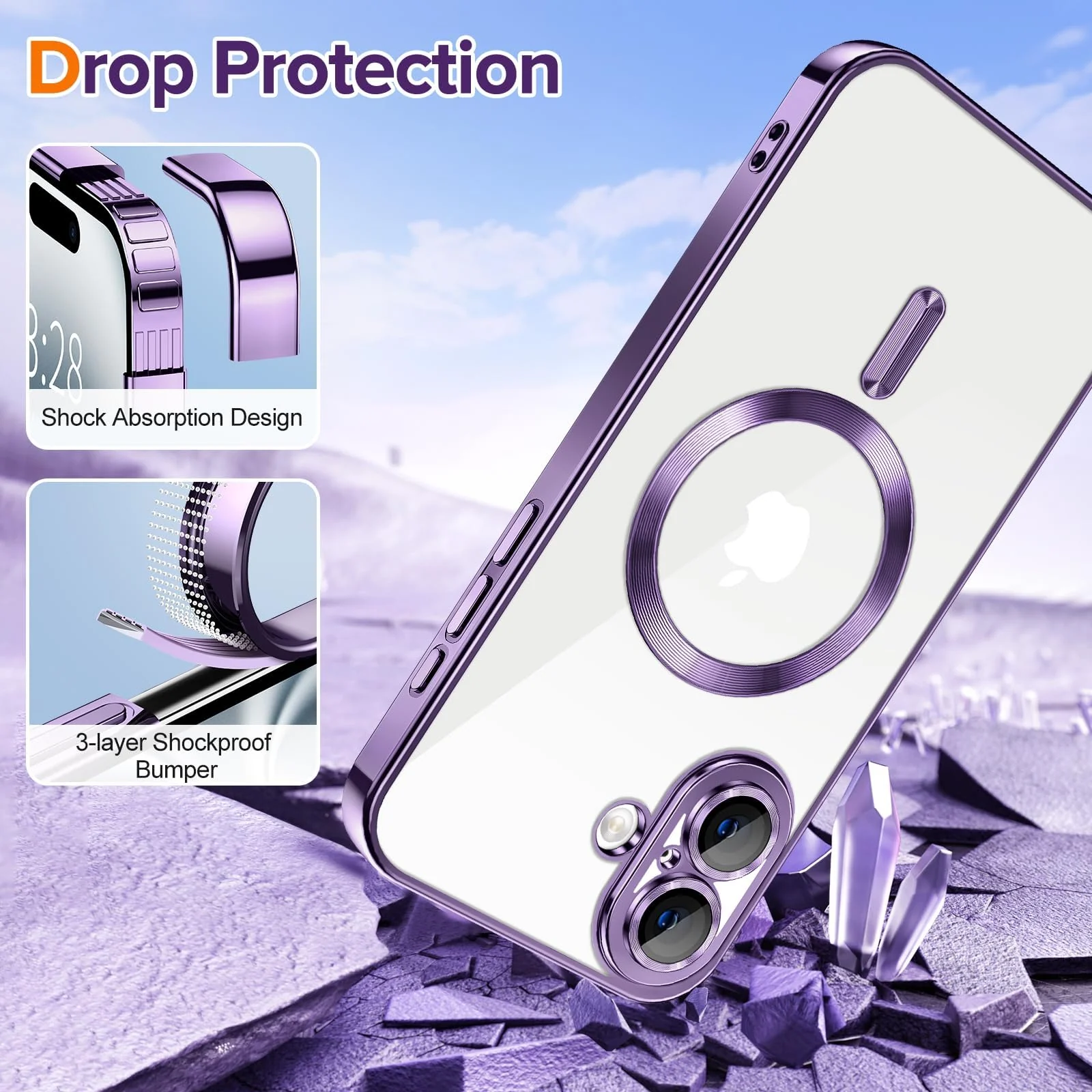 DL3 Mobilak Clear MagSafe-Compatible Magnetic Case for iPhone 16 6.1 with Camera Protection and Shockproof Design - Purple