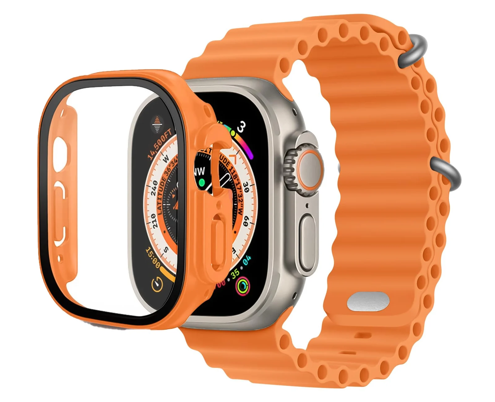DL3 Mobilak Ocean Band with Case For Apple Watch Ultra 49mm, Adjustable Silicone Sport Loop Ocean Strap Men Women Strap With Protective Cover Screen Shockproof for iWatch Ultra 2 49mm - Orange