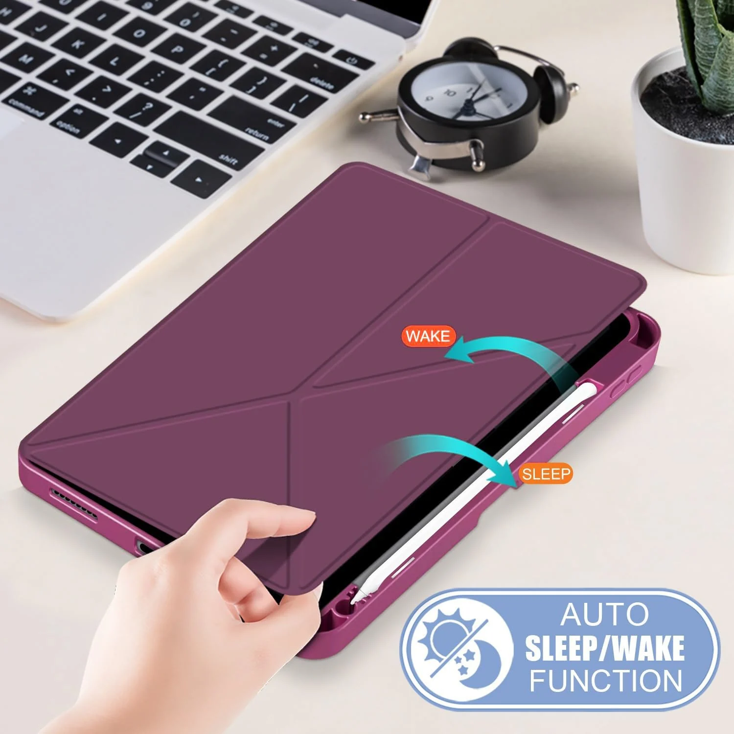 DL3 Mobilak Compatible with iPad Air 5/4 (2022/2020 5th/4th Generation 10.9-Inch) Case, Smart Stand, Pencil Holder, Shockproof Slim Lightweight Leather Cover, Modern Abstract Design - Wine Red